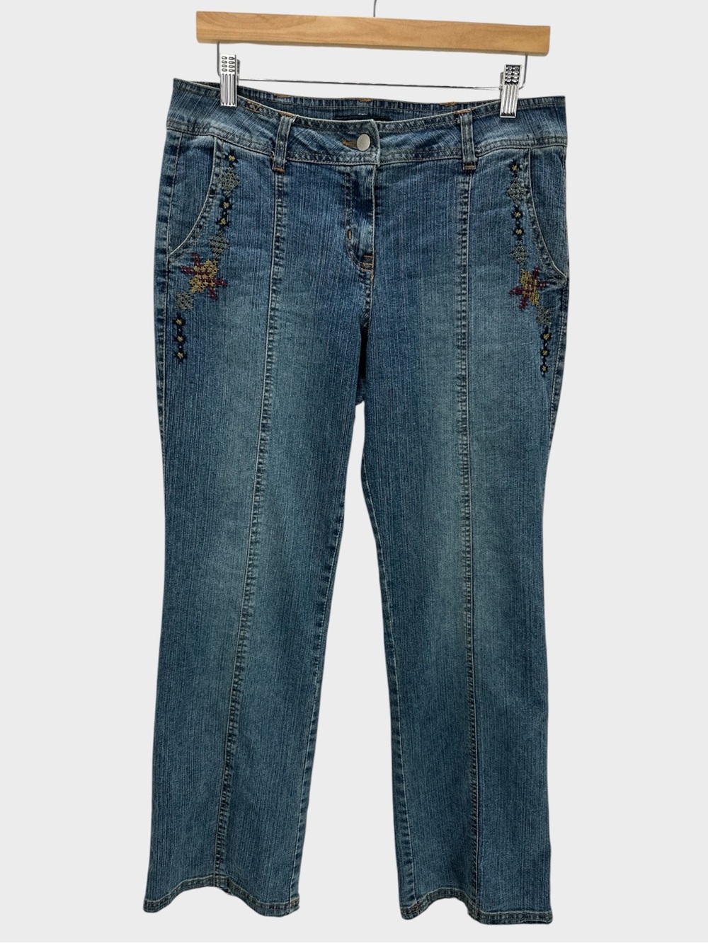 Vezucci Vintage Y2K Bootcut Jeans Cross Stitch Embroidered Western Boho Folk Art